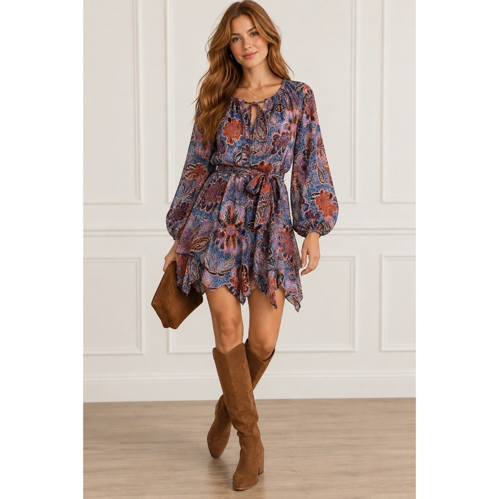 MISA Los Angeles Floral Metallic Mini Dress Blue Red Paisley Boho XS Retail $375